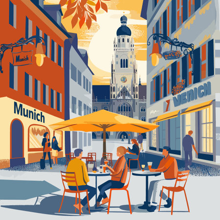 A painting of a city street with a large clock tower in the background. There are several people sitting at tables outside of a restaurant, and a few umbrellas are set up to provide shadeのイラスト素材