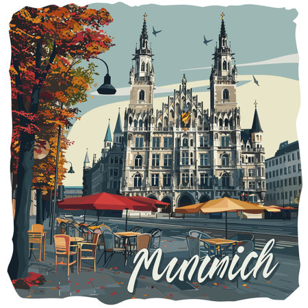 A painting of a city with a large cathedral and a sign that says Munich. The painting has a warm and inviting mood, with the cathedral and the umbrellas on the street creating a sense of communityのイラスト素材