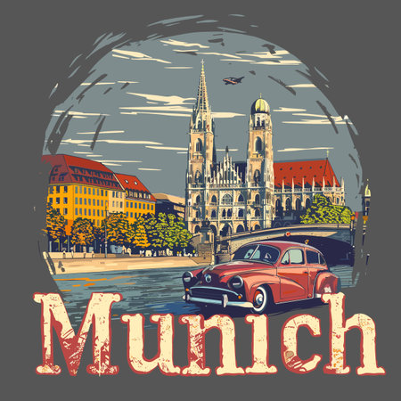 A vintage car is driving down a street in front of a large cathedral. The city is called Munichのイラスト素材
