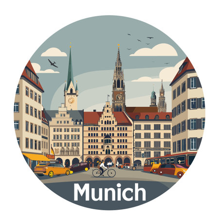 A round cityscape of Munich with a clock tower in the center. The city is bustling with activity, with cars, buses, and bicycles moving through the streetsのイラスト素材