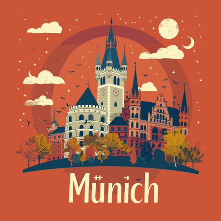 A colorful drawing of a city with a clock tower and a castle. The city is called Munichのイラスト素材