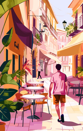 A man walks down a street with a cafe in the background.のイラスト素材