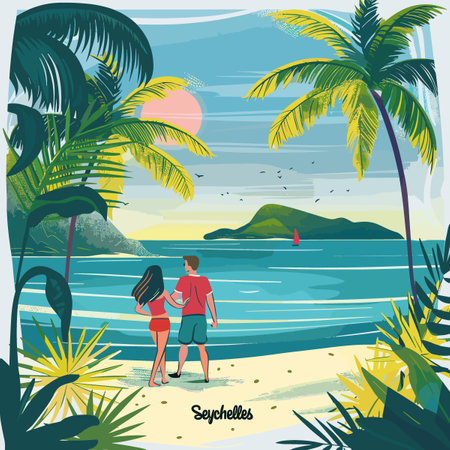 A couple is walking on a beach with palm trees in the background. The man is wearing a red shirt and the woman is wearing a red shirt. The scene is peaceful and romanticのイラスト素材