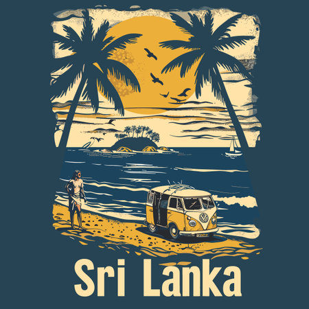 A painting of a Sri Lanka beach with a man and a van.のイラスト素材