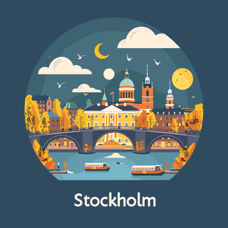 A colorful illustration of Stockholm with a bridge and boats on the water. The city is depicted in a lively and vibrant way, with a sense of movement and energyのイラスト素材