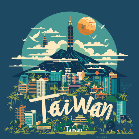 A colorful illustration of Taiwan with a mountain in the background. The city is full of buildings and palm treesのイラスト素材