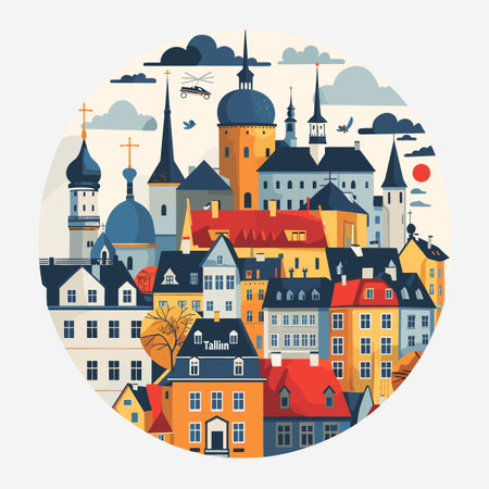 A colorful cityscape with a large round frame. The buildings are tall and colorful, and there is a helicopter flying above them. Scene is lively and bustling, with a sense of movement and energyのイラスト素材