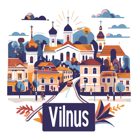 A colorful cityscape with a blue and white sign that says Vilnus. The image is of a city with a church, a street, and a few people walking aroundのイラスト素材