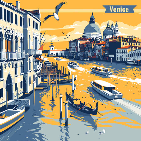 Venice is a city with a lot of water and boats. The water is calm and the boats are moving slowly. The city is beautiful and peacefulのイラスト素材