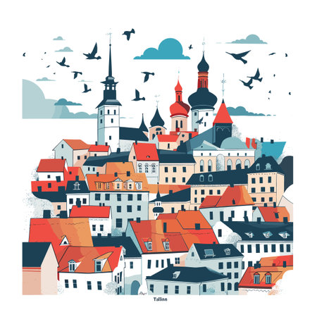 A colorful cityscape with many buildings and birds flying in the sky. Scene is lively and bustlingのイラスト素材