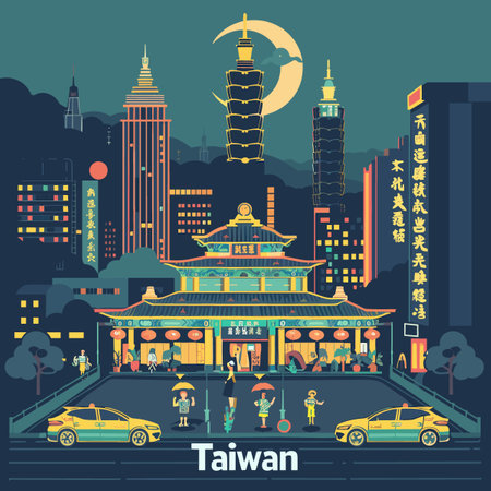 A colorful cityscape of Taiwan at night with people walking around and cars driving. Scene is lively and bustlingのイラスト素材