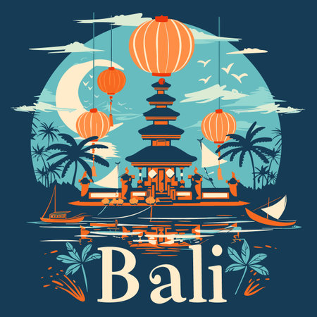A blue and orange poster of Bali with a lot of lights and palm treesのイラスト素材