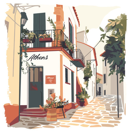 A street scene with a building that says Athens on it. The building has a balcony and a sign on itのイラスト素材