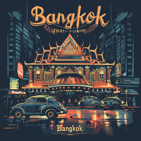 A colorful poster of Bangkok with a car and people walking on the street. The poster is designed to show the city's vibrant atmosphere and bustling streetsのイラスト素材