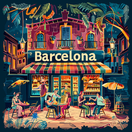 A colorful painting of a Barcelona street scene with people sitting at tables and enjoying drinks. The mood of the painting is lively and invitingのイラスト素材