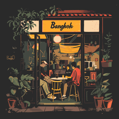 A man and a woman are sitting at a table in a restaurant with a sign that says Bangkokのイラスト素材