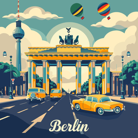 A colorful painting of Berlin with cars and hot air balloons. The painting has a lively and cheerful moodのイラスト素材