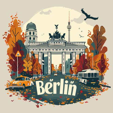 A colorful drawing of Berlin with a yellow taxi cab and a bus. The drawing is of a city street with a large building in the backgroundのイラスト素材