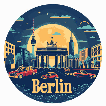 Berlin is a city with a lot of cars and a big building. The city is at night and the moon is in the skyのイラスト素材