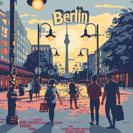 A painting of a city street with people walking and a sign that says Berlin. The painting has a warm, colorful feel to it, and the people are walking around in the foregroundのイラスト素材