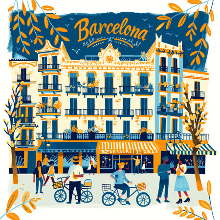 A colorful painting of a city street in Barcelona. The painting features a group of people walking and riding bicycles, and a few birds flying in the sky. The buildings in the background are tallのイラスト素材
