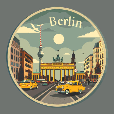 A round Berlin cityscape with a yellow car driving down the street. The car is in the foreground and the city is in the backgroundのイラスト素材