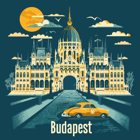 A painting of Budapest with a yellow car driving down a street. The sky is blue and the sun is settingのイラスト素材