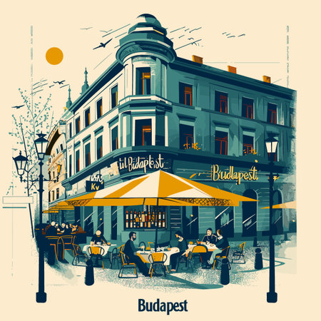 A painting of a city street with a yellow umbrella and a sign that says "Budapest" on itのイラスト素材