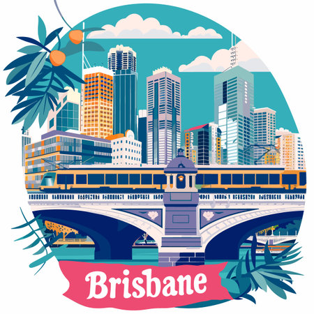 A cityscape of Brisbane with a train crossing a bridge. The city is full of tall buildings and a bridge is visible in the middle of the cityのイラスト素材