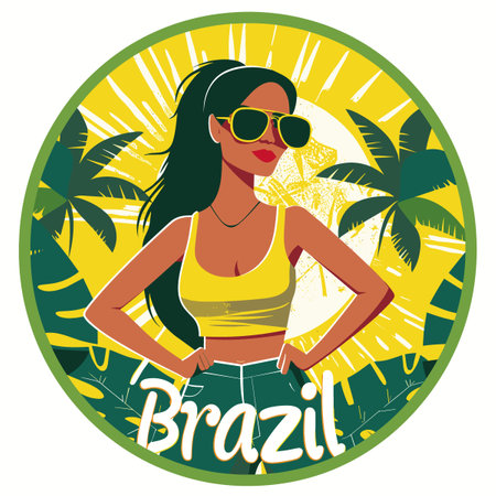 A woman wearing sunglasses and a yellow tank top stands in front of palm treesのイラスト素材