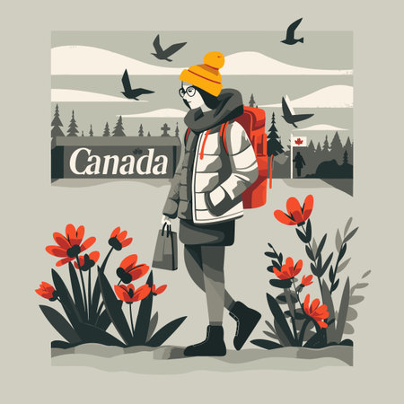 A woman is walking through a field of flowers with a backpack on. Canada is written in the backgroundのイラスト素材