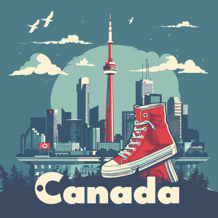 A poster of Canada with a pair of red shoes on top of itのイラスト素材