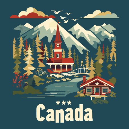 A blue and green poster of Canada with a house and a church. The mountains are in the backgroundのイラスト素材