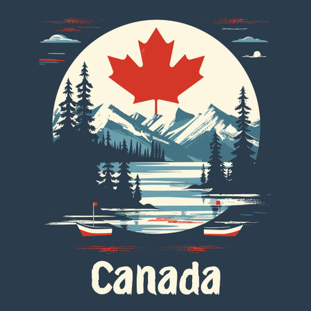 A painting of a Canadian landscape with a red maple leaf on top. Canada is written in white lettersのイラスト素材