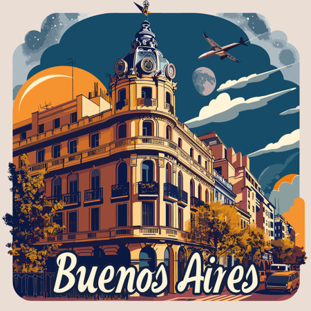 A painting of a city with a large building and an airplane flying over it. The painting is titled Buenos Airesのイラスト素材