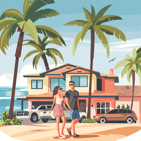 A couple is walking on a beach near a house with a car parked in front of it. Scene is romantic and peacefulのイラスト素材