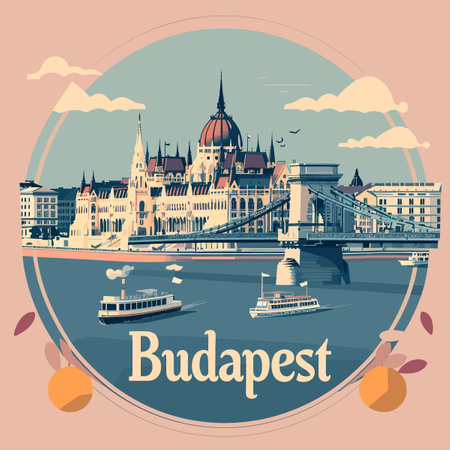 A painting of Budapest with boats on the water. The city is shown in the background. The painting is of a round shapeのイラスト素材
