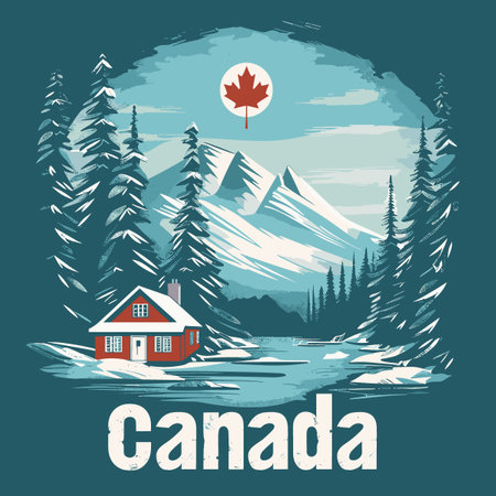 A painting of a cabin in the woods with a maple leaf on top. The painting is titled Canadaのイラスト素材