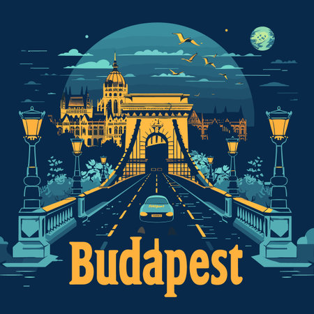 A poster of Budapest with a car driving down a bridge. The poster is blue and yellow. The mood of the poster is calm and peacefulのイラスト素材