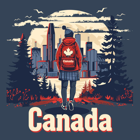 A girl is walking in the woods with a backpack and a hat. Canada is written on the bottom of the imageのイラスト素材