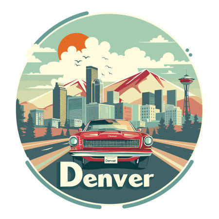 A red car is driving down a road in Denver. The city is in the background with mountains in the distanceのイラスト素材