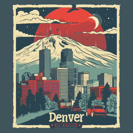 A painting of a city with a mountain in the background and the word Denver written in the bottom right cornerのイラスト素材