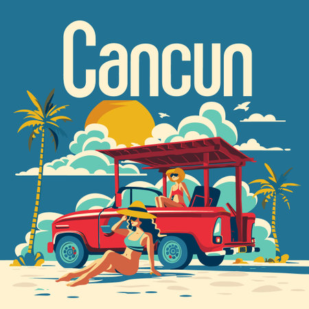 A woman is sitting in a red truck with a hat on. The truck is parked on a beach. The woman is wearing a bikini. The background has palm trees and a sun. The image is titled "Cancun"のイラスト素材