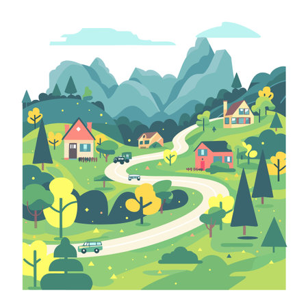A winding road with houses and trees in the background. The houses are small and there are cars on the roadのイラスト素材