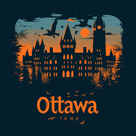 A drawing of a castle with a clock tower and a moon in the sky. The castle is in the city of Ottawa, Ontarioのイラスト素材