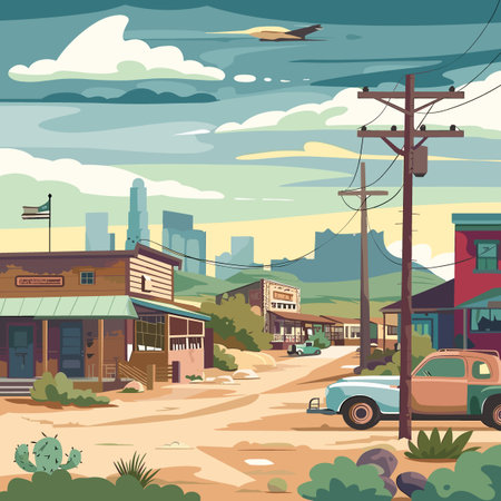 A painting of a small town with a few buildings and a car. The mood of the painting is nostalgic and peacefulのイラスト素材