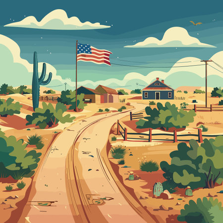 A road with a house and a flag in the backgroundのイラスト素材