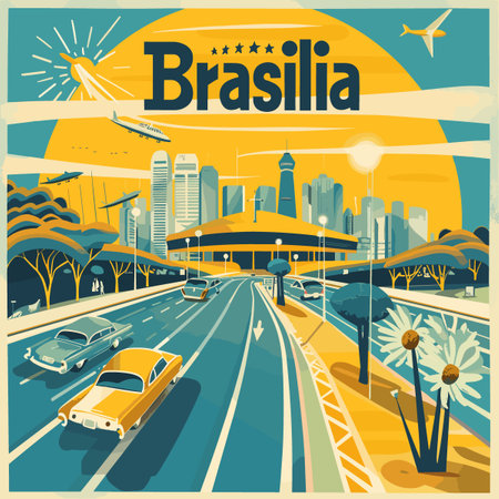 A colorful poster of Brazil with a yellow sun and airplanes. The poster has a cityscape with cars and a car with a yellow roofのイラスト素材
