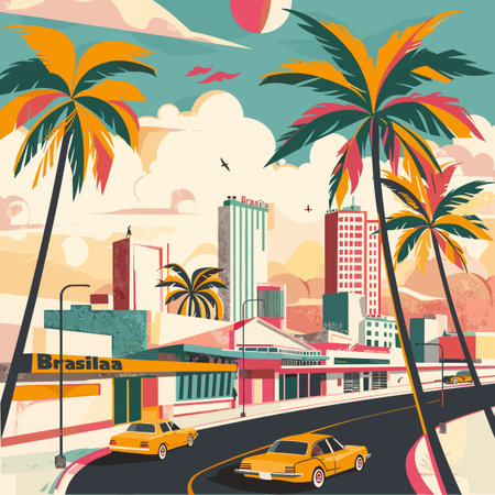 A colorful painting of a city street with palm trees and cars. The mood of the painting is bright and cheerfulのイラスト素材