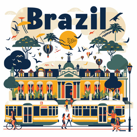 A colorful painting of Brazil with people walking around and a bus. The mood of the painting is lively and vibrantのイラスト素材